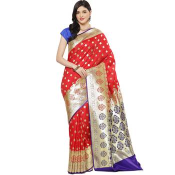 Red woven satin saree with blouse 1