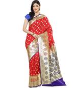 Red woven satin saree with blouse