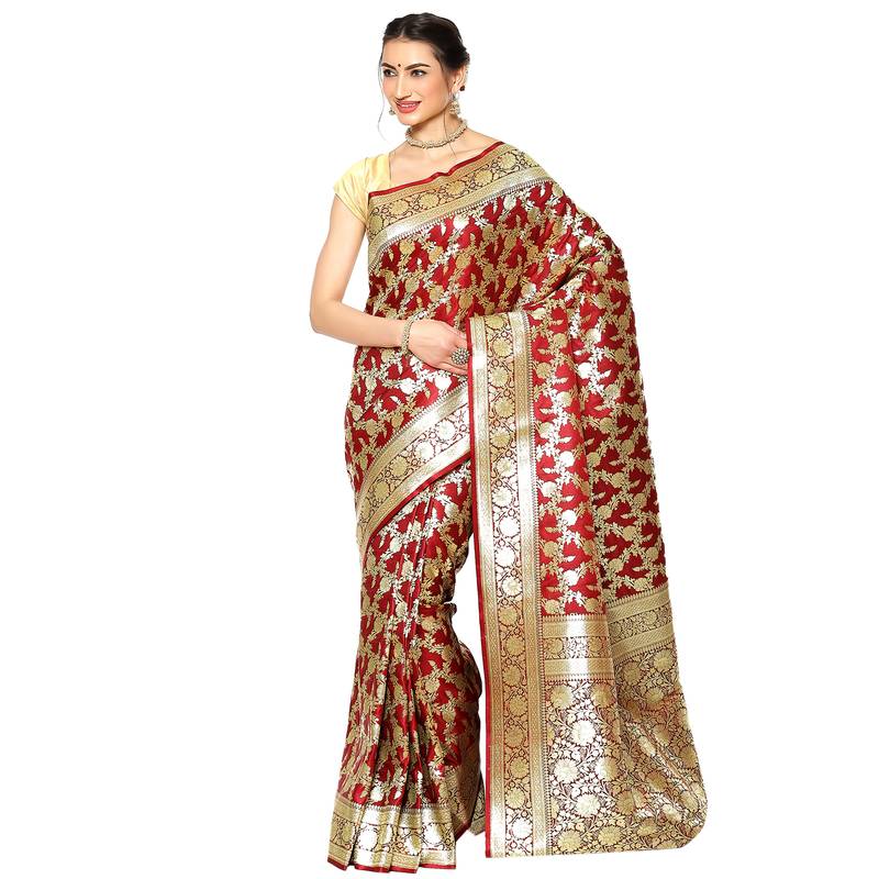 Maroon woven katan silk saree with blouse