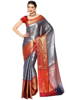 Blue woven kanchipuram silk blend saree with blouse