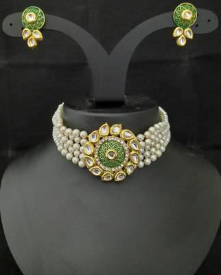 Green Meenakari Kundan Pearl Choker Jewelry Set 1