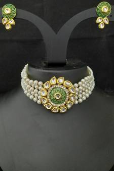 Green Meenakari Kundan Pearl Choker Jewelry Set