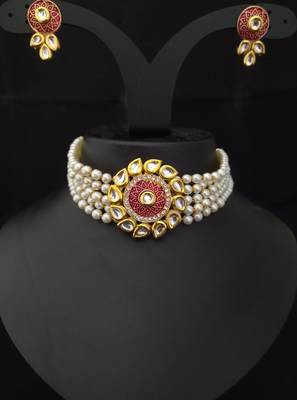 Red Meenakari Kundan Pearl Choker Jewelry Set 1