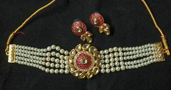 Red Meenakari Kundan Pearl Choker Jewelry Set 2