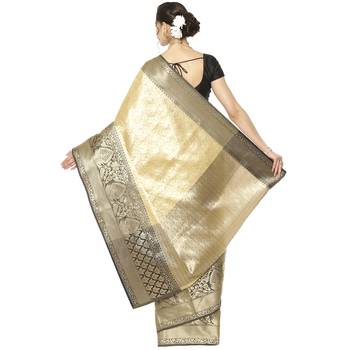 Beige woven kanchipuram silk blend saree with blouse 2