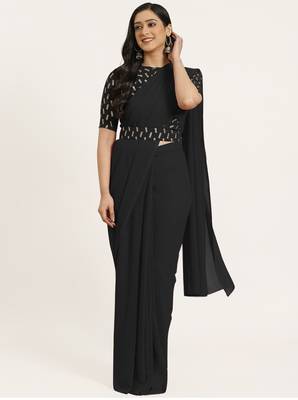 Black plain georgette saree with blouse 1