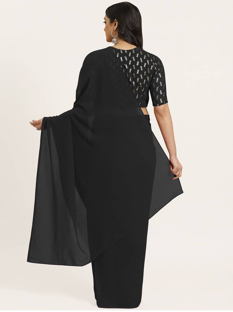 Black plain georgette saree with blouse