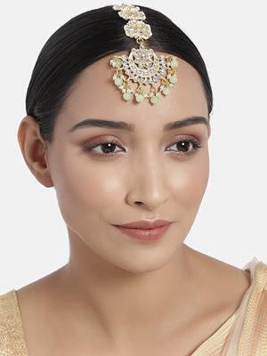 Matte Finish Traditional Pearls Kundan Studded Maang Tikka for Women/Girls  1