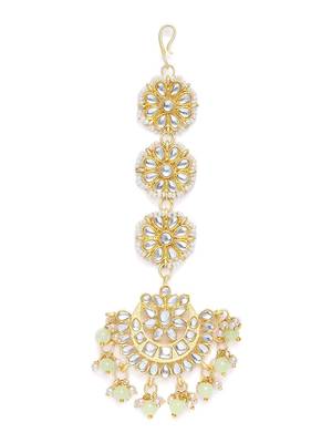Matte Finish Traditional Pearls Kundan Studded Maang Tikka for Women/Girls  2