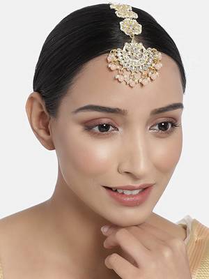 Matte Finish Traditional Pearls Kundan Studded Maang Tikka for Women/Girls  1