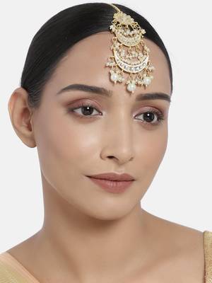 Matte Finish Traditional Pearls Kundan Studded Maang Tikka for Women/Girls  1