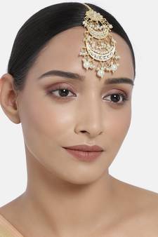 Matte Finish Traditional Pearls Kundan Studded Maang Tikka for Women/Girls (T2859)