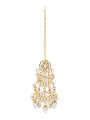 Matte Finish Traditional Pearls Kundan Studded Maang Tikka for Women/Girls  2