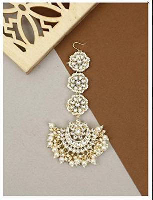 Traditional Matte Finish Floral Beaded Manng Tikka Studded with Kundan & Faux Pearls for Women/Girls 2