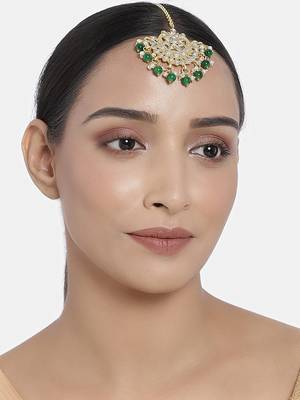 Ethnic Matte Finish Traditional Kundan Studded Maang Tikka with Pearls for Women/Girls  1