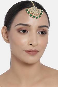 Ethnic Matte Finish Traditional Kundan Studded Maang Tikka with Pearls for Women/Girls (T2861G)
