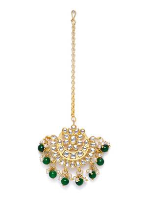 Ethnic Matte Finish Traditional Kundan Studded Maang Tikka with Pearls for Women/Girls  2