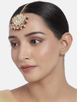 Ethnic Matte Finish Traditional Kundan Studded Maang Tikka with Pearls for Women/Girls  1