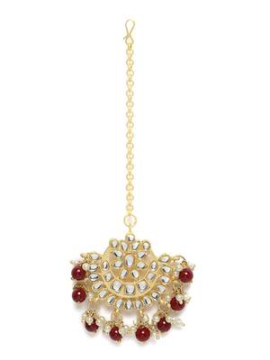 Ethnic Matte Finish Traditional Kundan Studded Maang Tikka with Pearls for Women/Girls  2