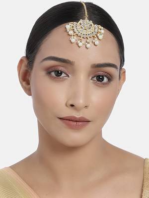 Ethnic Matte Finish Traditional Kundan Studded Maang Tikka with Pearls for Women/Girls  1