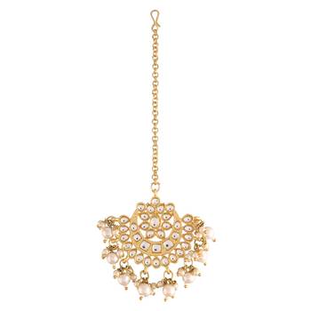 Ethnic Matte Finish Traditional Kundan Studded Maang Tikka with Pearls for Women/Girls  2