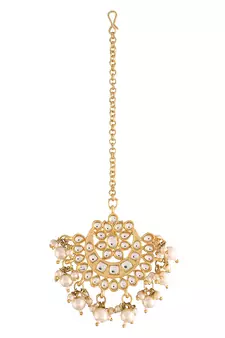 Ethnic Matte Finish Traditional Kundan Studded Maang Tikka with Pearls for Women/Girls 