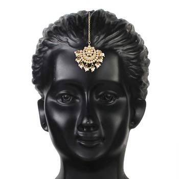 Ethnic Matte Finish Traditional Kundan Studded Maang Tikka with Pearls for Women/Girls  3