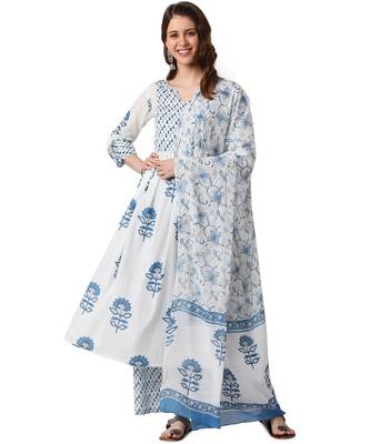 White Cotton Anarkali Printed Kurta Palazzo and Dupatta Set 1