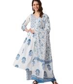 White Cotton Anarkali Printed Kurta Palazzo and Dupatta Set