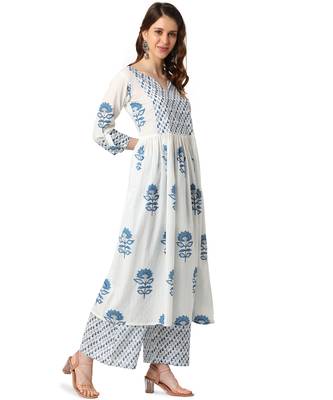 White Cotton Anarkali Printed Kurta Palazzo and Dupatta Set 2