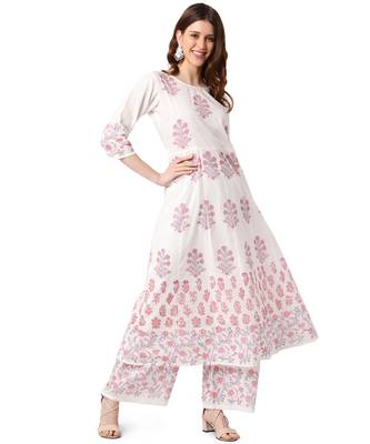 White Cotton Anarkali Printed Kurta Palazzo Set 1