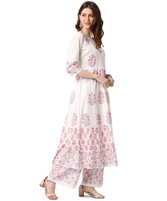 White Cotton Anarkali Printed Kurta Palazzo Set 2