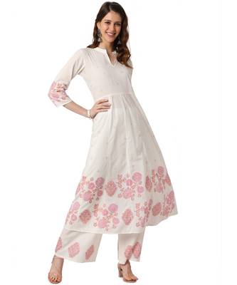 White Cotton Anarkali Printed Kurta Palazzo Set 1