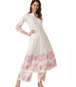 White Cotton Anarkali Printed Kurta Palazzo Set