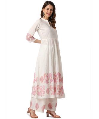 White Cotton Anarkali Printed Kurta Palazzo Set 2