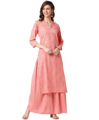 Peach Cotton Straight Printed Kurta Skirt Set 1