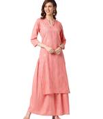 Peach Cotton Straight Printed Kurta Skirt Set