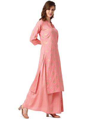 Peach Cotton Straight Printed Kurta Skirt Set 2