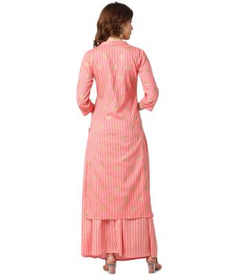 Peach Cotton Straight Printed Kurta Skirt Set 3
