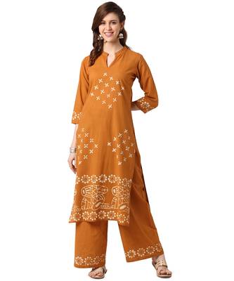 Mustard Cotton Straight Block Printed Kurta Palazzo Set 1