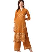 Mustard Cotton Straight Block Printed Kurta Palazzo Set