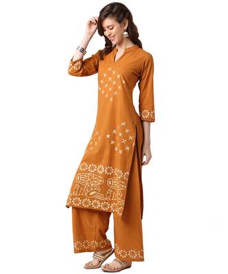 Mustard Cotton Straight Block Printed Kurta Palazzo Set 2