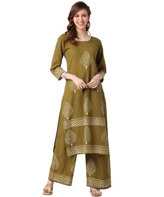 Green Cotton Straight Block Printed Kurta Palazzo Set 1