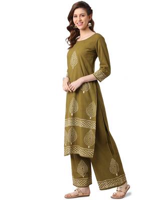 Green Cotton Straight Block Printed Kurta Palazzo Set 2