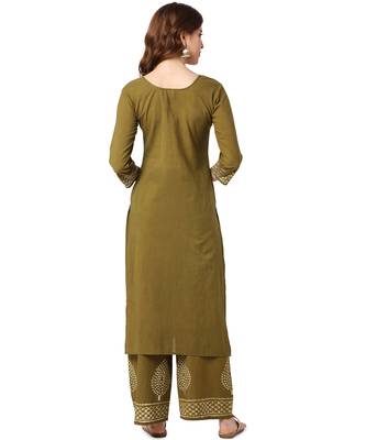 Green Cotton Straight Block Printed Kurta Palazzo Set 3