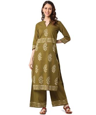 Green Cotton Straight Block Printed Kurta Palazzo Set 1
