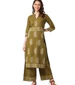 Green Cotton Straight Block Printed Kurta Palazzo Set