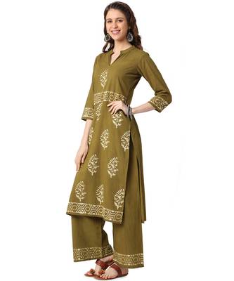 Green Cotton Straight Block Printed Kurta Palazzo Set 2