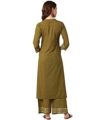 Green Cotton Straight Block Printed Kurta Palazzo Set 3
