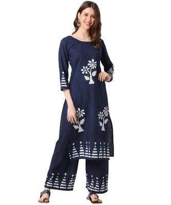 Navy Blue Cotton Straight Block Printed Kurta Palazzo Set 1